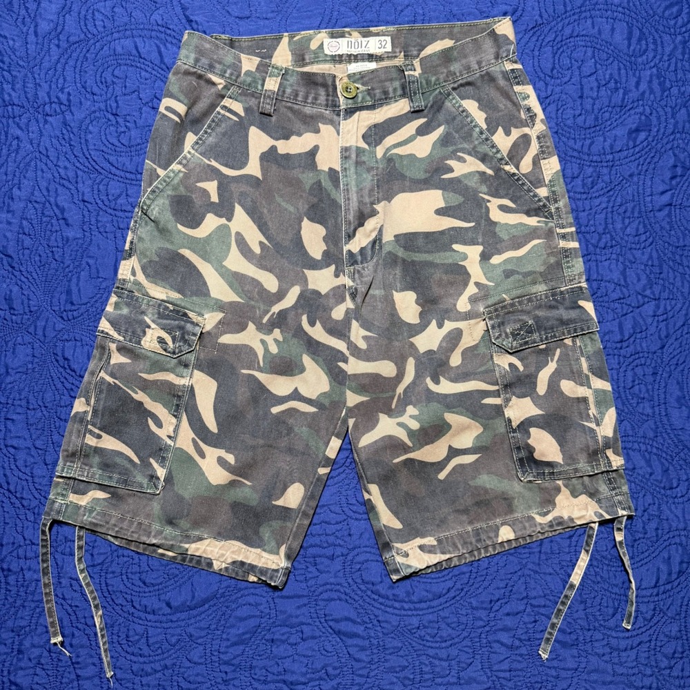 Noiz Cargo Shorts Mens 32 Camo Green Distressed Tactical Utility Gorpcore Y2K